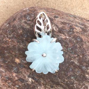 Genuine Aquamarine Carved Flower Pendant .925 Sterling Silver